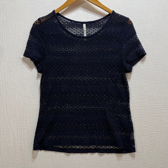 Leo & Nicole Tops - Leo & Nicole Lace Top Womens Small Navy Blue Short Sleeve Scoop Neck Sheer Boho